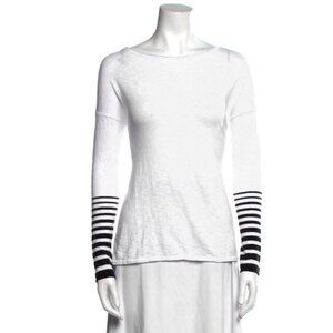 VINCE Long Sleeve Shirt 100% Cotton Top Stripe Arms Scoop Neck White Black M